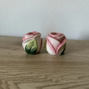 Fitz & Floyd OCI Omnibus Pink Rose Shaped Taper Candle Holders Set of 2 Vintage - Picture 1 of 10