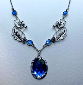 Art Nouveau Style Faceted Blue Glass Jewelled & Silver Plated POPPY Necklace - Picture 1 of 15