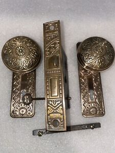Antique Brass Door Set, Lock, Knobs, Plates,  by Corbin "Cairo” Design c1895