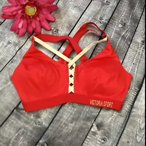 Victoria’s Secret Red & Gold Metallic Cross Back Padded Sports Bra Sz. 32C New - Picture 1 of 8