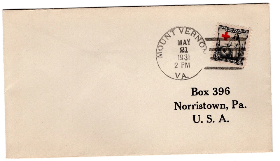 #702 Red Cross 1931 First Day Cover -  Unofficial u/o Mount Vernon VA - Image 1 of 2