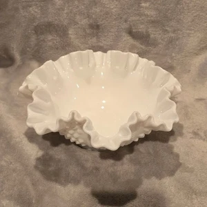 Vintage Fenton Milk Glass Bowl Hobnail Ruffled Edge Candy Dish Compote 8.5" - Picture 1 of 5