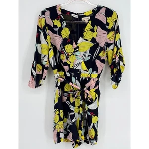 Maison Jules Sz M Floral Faux Wrap V Neck Midi Romper Tie Waist Navy Yellow Pink - Picture 1 of 14
