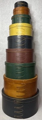 9 VTG Round Distressed Painted Lidded Nesting Wooden Shaker Boxes Decorative B31 - Image 1 of 4