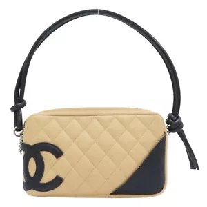 CHANEL Cambon Pochette Shoulder Handbag Beige Black Quilted Calfskin Leather - Picture 1 of 18