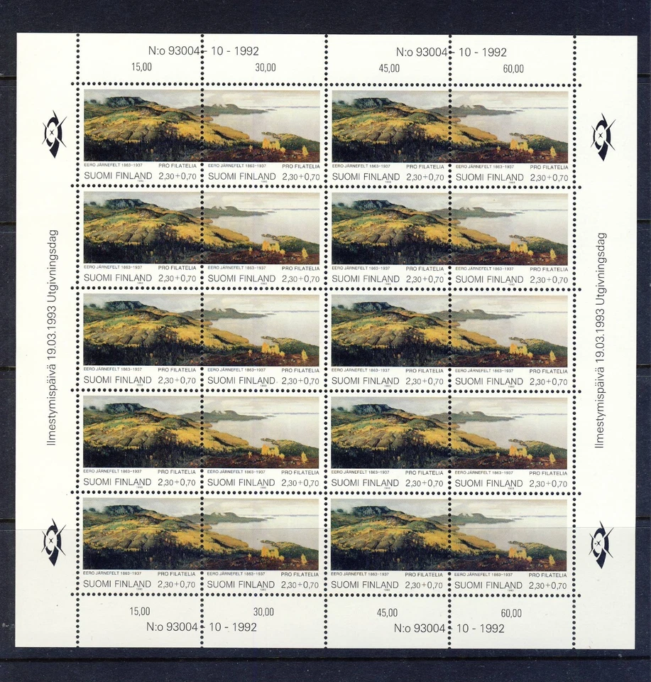 Estampillas benéficas de Finlandia 1993, Pro Filatelia, pinturas hoja completa MNH Foto 1 de 1