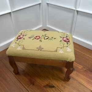 Rose Needlepoint Upholstery & Floral Wood Queen Anne Footstool Vintage