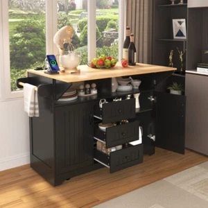 55.7'' Large Kitchen Island with 2 Drop Leaf Rolling Kitchen Cart on 5 Wheels - Picture 1 of 24