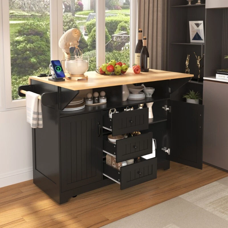 55.7'' Large Kitchen Island with 2 Drop Leaf Rolling Kitchen Cart on 5 Wheels - Image 1 of 4