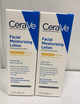 2x52ml CeraVe AM Facial Moisturising Lotion SPF50 Free uk Post - Image 1 of 3