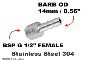 BSP G 1/2" FEMALE to BARB OD 14mm / 0.56" Stainless Tail Adaptor Hose Connector - Picture 1 of 6
