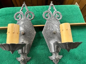 Pair Arts & Crafts Reclaimed Hammered Style Gothic, Iron Wall Sconces, Free S/H - Picture 1 of 11