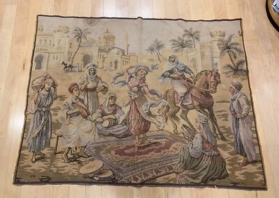 Vintage Antique Woven Dancing People Village Market Lady Woman Tapestry Picture - Image 1 of 4