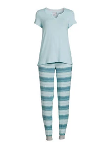 Set pigiama jogger top Muk Luks Lush Luxe maniche corte e pigiama jogger bluAquaticStrp 3X nuovo - Foto 1 di 1