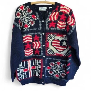 Vintage Jayson Younger Size Large Americana 100% Wool Knit Cardigan Sweater - Picture 1 of 5