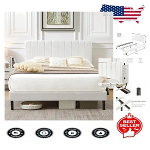 Luxurious King Size Velvet Bed Frame with Adjustable Headboard & No Box Spring - Picture 1 of 8