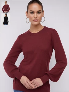 New York & Company Essential PuffSleeve Sweater LARGE Syrah Red Crew Neck Ribbed - Picture 1 of 6