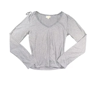 Camisa Free Kisses Mujer Grande Gris Acanalada Manga Larga Encaje Borde Cuello en V Top - Imagen 1 de 6