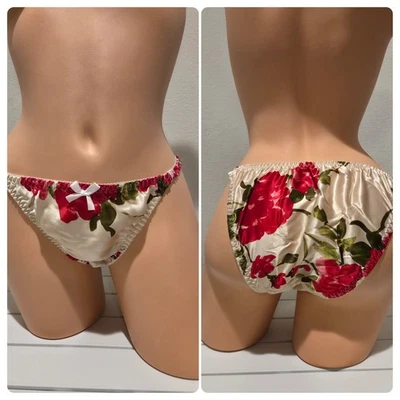 Жидкие атласные двойные шелковые трусики-бикини с цветочным принтом блестящие 6/M цвета слоновой кости  - Изображение 1 из 4