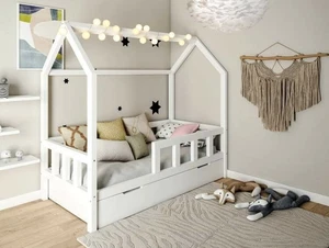 Kinderhaus Weiss Kinderbett 120x 200 Cm aus Holz Hausbett schublade bettkasten - Bild 1 von 2
