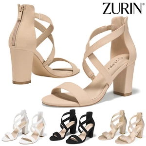 ZURIN Women Strappy Heels Block Heeled Sandals Open Toe Wedding Pump Dress Shoes - Picture 1 of 62