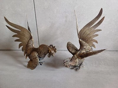 Paire De Coqs De Combat Laiton Massif - Photo 1/4