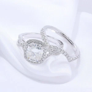 2.75Ct Cushion CZ Diamond Halo Bridal Set Engagement 14K White Gold Over Ring - Picture 1 of 8