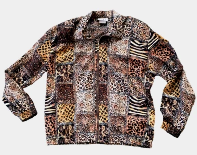Teddi Lightweight Jacket Mixed Animal Print Brown Full Zip Fall Large 80s Style - Image 1 of 4