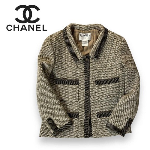 CHANEL Giacca Vintage Lana Tweed Caccia Marca Coco Marrone Taglia 42 Donna