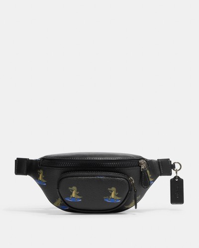 Borsa da cintura Coach Sprint 24 con stampa coccodrillo surf metallo fucile pelle nera nuova con etichette