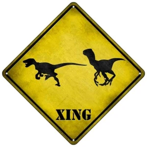 Velociraptors Xing Novelty Mini Metal Road Notice 8" Cross Xing Crossing Sign - Picture 1 of 1