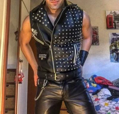 Handmade Men Black Leather Vest Style Jacket with stud work, Men Rock Punk Style - Image 1 of 3