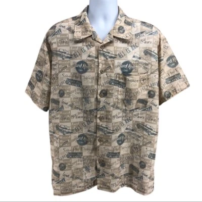 Hard Rock Cafe Cream & Blue Art Themed Button-Up Shirt | Breathable Fabric - Image 1 of 4
