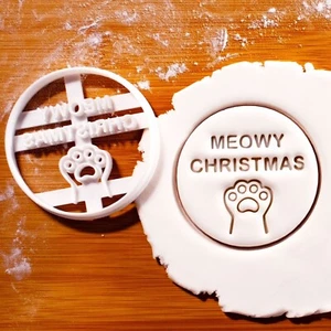 Meowy Christmas Cookie Cutter - cat xmas treats kitty kitten feline paw festive - Picture 1 of 5