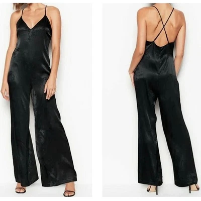 VICTORIA'S SECRET широкие ноги цветочный жаккард глубокий V крест назад комбинезон черный размер S - Изображение 1 из 4