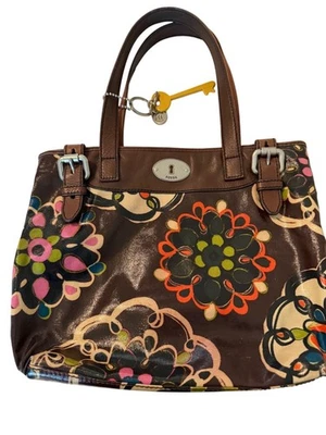 Fossil Key-Per Marrón Floral PVC Bolso de Hombro Cartera Cuero Mango Dijes Cremallera Foto 1 de 4