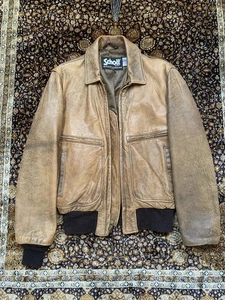 Vtg Schott Leather Jacket Distressed Patina Slim Fit Light Brown USA Mens 38 40 - Picture 1 of 19