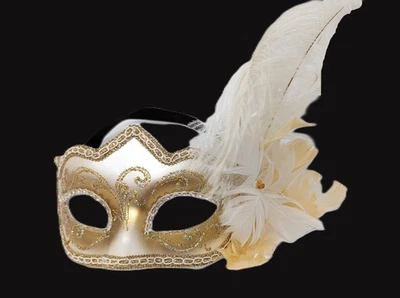 Adult Authentic Italy Venetian Mask Gold glitter white feather carnival handmade - Image 1 of 4