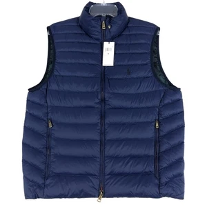 NWT Polo Ralph Lauren Down Vest Men M Navy Blue Tartan Lined Packable MSRP $188 - Picture 1 of 16