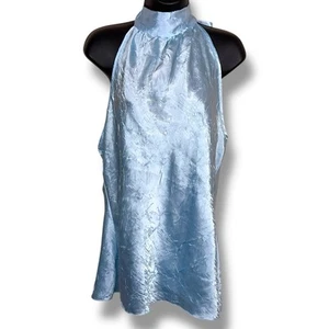 Large Toto Pastel Blue Textured Halter Blouse Sleeveless Y2K Era High Neck - Picture 1 of 14