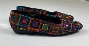1980s Beaded Bejeweled Embroidered Geometric Flats Beverly Feldman Size 10B - Picture 1 of 9