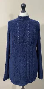 Cold Shoulder Navy Blue Velvet Cable Knit Jumper Sweater Women Size S Mock Neck - Picture 1 of 7