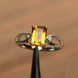 14K White Gold Finish 2 Ct Emerald Cut Citrine Diamond Solitaire Engagement Ring - Picture 1 of 8