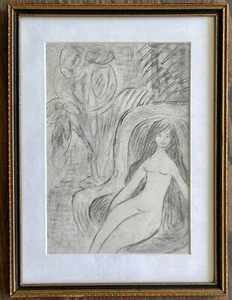 JANET RICHARDS Signed Vintage Pencil Drawing Reclining Female Interior 1960s - Picture 1 of 5