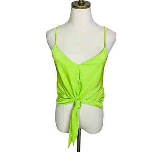 ZARA Neon Green Tie Crop Top SMALL Stretch Casual Summer Trendy V Neck Blouse S - Picture 1 of 7