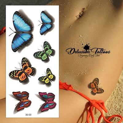 DELUSION TATTOOS 3D Schmetterling Temporäres Tattoo Set - 7 kleine Schmetterlinge Wasserdicht Damen Kinder
