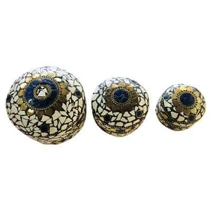 Vintage Handmade Round Shaped Natural Stones Boxes in Cobalt Blue & Gold,Set of3 - Picture 1 of 9