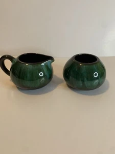 Vintage Blue Mountain Pottery Cream and Sugar Bowl Set Green Drip Glaze BMP LOGO - Picture 1 of 6