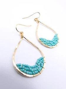 UNIQUE Lightweight Petite Turquoise Beads Gold Filled Teardrop Dangle Earrings - Picture 1 of 12