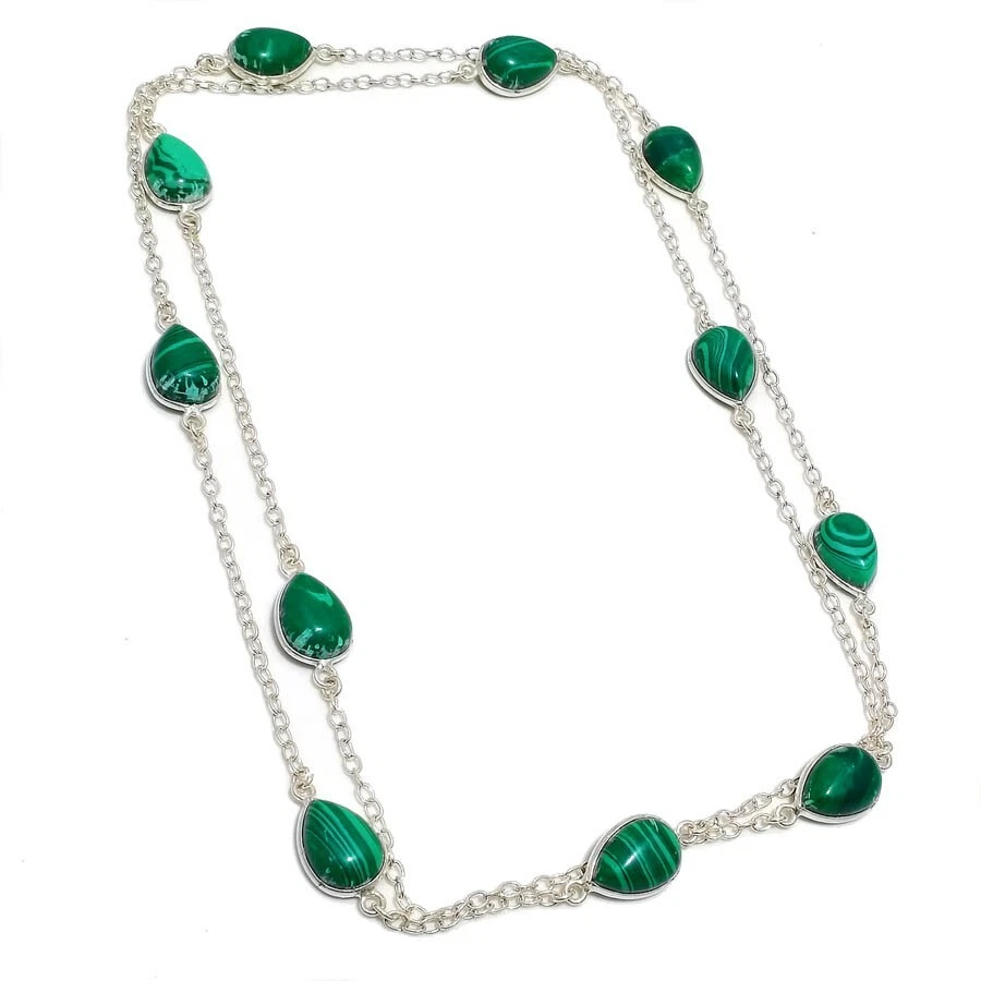 Collar de joyería de plata de ley 925 hecho a mano con piedras preciosas de malaquita verde talla 36" Foto 1 de 1